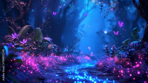 Fototapeta Naklejka Na Ścianę i Meble -  Colorful bioluminescence plants in forest, butterflies and flowers glowing path, fireflies, Pandora planet at night, blue and pink glow, epic landscape in background