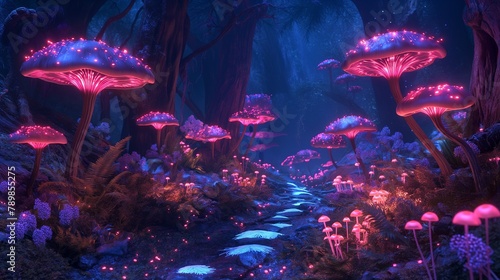 Colorful bioluminescence plants in forest, Exotic mushrooms and flowers glowing path, fireflies, Pandora planet at night, blue and pink glow