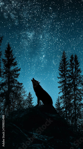 Silhouette of Wolf Howling Under Starry Sky