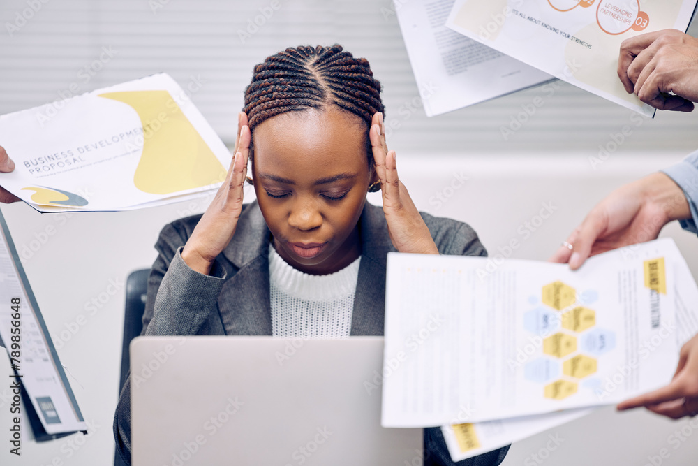 Black woman, headache and stress with documents in chaos, burnout or anxiety from workload at office. Frustrated African or female person with migraine in depression from pressure or business crisis - obrazy, fototapety, plakaty 