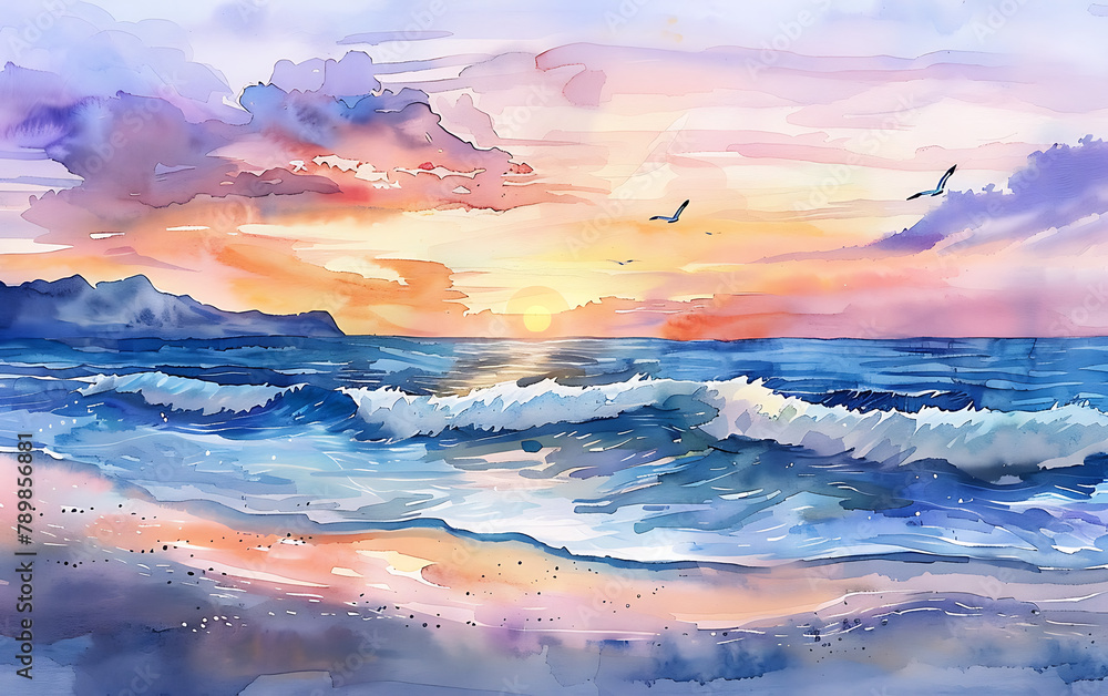 Watercolor Painting of a calmness beach scene at sunset with Waves of Sandy Beaches and a Colorful Sky at Sunrise. 