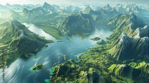 Panoramic view of beautiful rainforest. Beautiful sky, mountains and jungle. Aerial view. Prehistoric earth. Ai-generated.