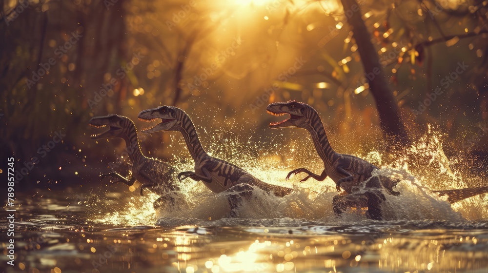 AI-generated majestic dinosaurs in a prehistoric landscape. Raptor. Vivid colors and intricate details bring these ancient creatures to life. The concept of time when dinosaurs ruled the Earth. - obrazy, fototapety, plakaty 