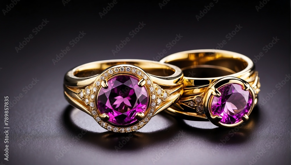 pair of gold rings with purple gemston plain black background from Generative AI pair of gold rings with purple gemston plain black background from Generative AI