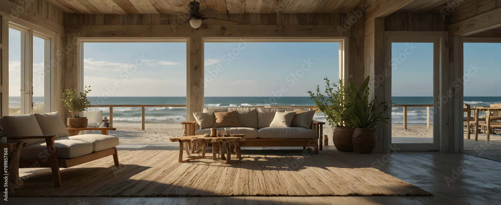 Coastal Breeze: A Serene Beachfront Living Space with Shiplap Walls and Driftwood Centerpiece - Realistic Interior Design with Nature Elements