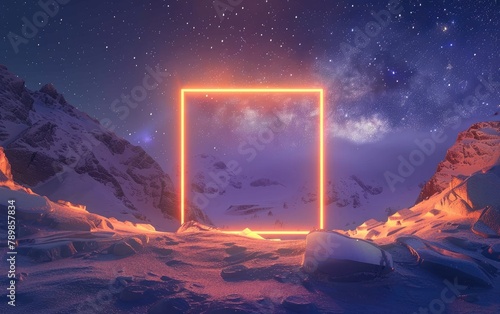 Glowing Frame Floating Above Snowy Mountains Under Starry Sky