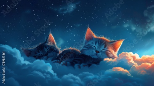 Two kittens sleeping in the clouds at night