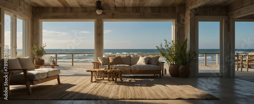 Coastal Breeze  A Serene Beachfront Living Space with Shiplap Walls and Driftwood Centerpiece - Realistic Interior Design with Nature Elements