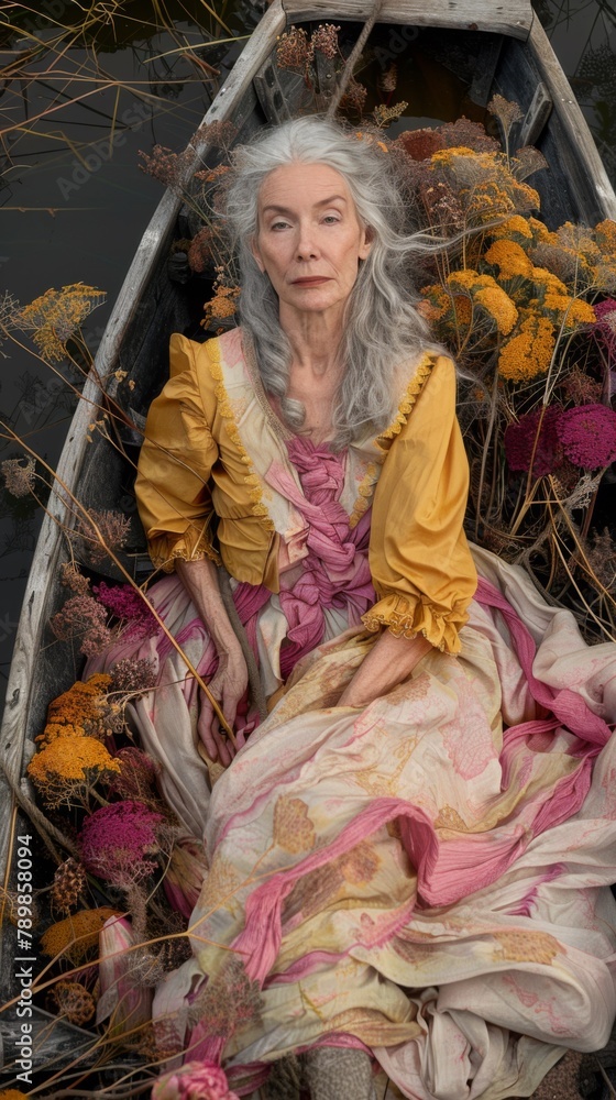 A woman sitting in a boat filled with flowers A woman sitting in a boat filled with flowers
