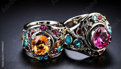 pair of silver rings with colorful gemston plain black background from Generative AI