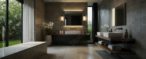 Modern Peacefulness  Contemporary Bathroom with Sleek Fixtures and White Orchid  Realistic Interior Design with Nature - Adobe Stock