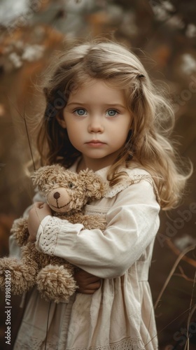 A little girl holding a teddy bear in a field