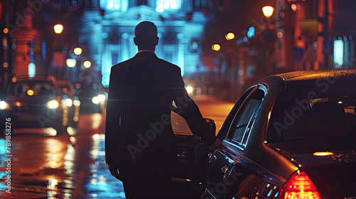 Successful man open door of the limousine. Professional bussiness man near luxury car 