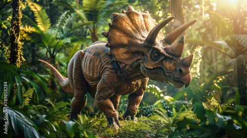AI-generated majestic dinosaurs in a prehistoric landscape. Triceratops. The concept of time when dinosaurs ruled the Earth. © Acronym