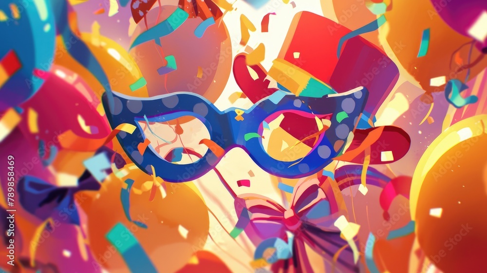 Immerse yourself in a vibrant array of carnival decorations seamlessly blended together masks Christmas hats quirky glasses and a dapper bow tie all interwoven to create a jubilant and fest