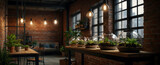 Garden Loft: An urban oasis with exposed brick and hanging terrariums in realistic interior design with nature photo stock concept