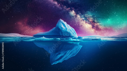 Iceberg floating on sea, Aurora light and Milky Way background.