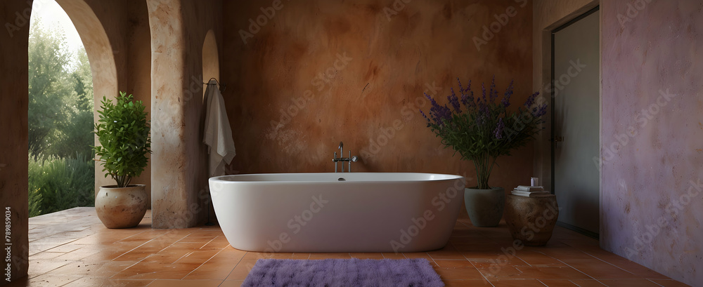 Serene Mediterranean Bathroom with Terracotta Tiles and Lavender Sprig: Realistic Interior Design in Nature Serene Mediterranean Bathroom with Terracotta Tiles and Lavender Sprig: Realistic Interior Design in Nature