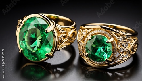 pair of gold rings with green gemston plain black background from Generative AI
