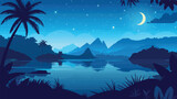 a night scene with palm trees and mountains