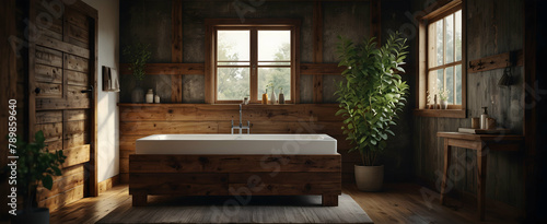 Cozy Lodge Bathroom  Rustic Retreat with Reclaimed Wood and Eucalyptus Branch for a Natural Interior Design Ambiance