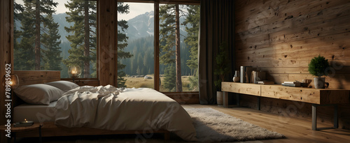 Cozy Mountain Lodge Retreat  Rustic Bedroom with Natural Wood and Pine Sapling in Realistic Interior Design with Nature - Stock Photo Concept