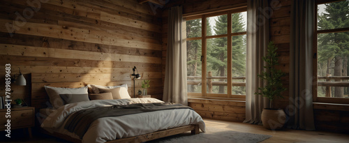 Rustic Mountain Lodge Bedroom with Natural Wood and Pine Sapling for Cozy Retreat - Realistic Interior Design with Nature Elements