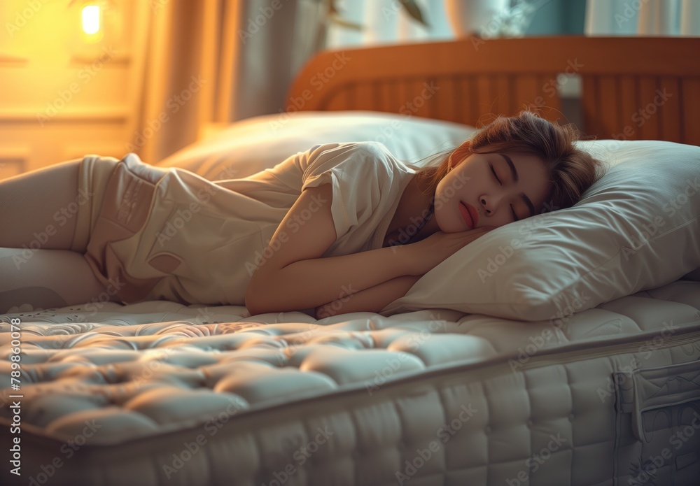 A woman sleeping on a mattress in her bedroom. She is lying down and has the quilted top of the bed under one arm while laying there. She looks relaxed with her eyes closed A woman sleeping on a mattress in her bedroom. She is lying down and has the quilted top of the bed under one arm while laying there. She looks relaxed with her eyes closed