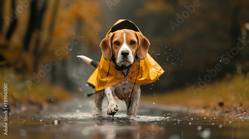 A mischievous Beagle, raincoat askew and covered in mud, gleefully splashes in puddles after a playful romp in the rain photo