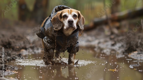 A mischievous Beagle, raincoat askew and covered in mud, gleefully splashes in puddles after a playful romp in the rain