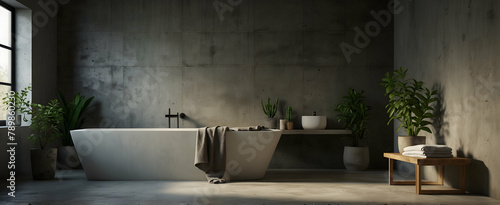 Urban Bathroom Oasis with Concrete Accents and Green Succulent: Realistic Interior Design with Nature in a Chic City Sanctuary