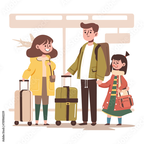 a man and two women standing next to each other with luggage