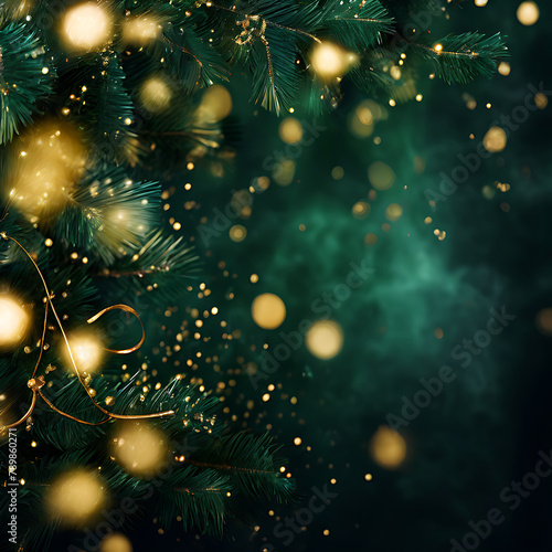 Festive ambiance adorned with glistening golden particles, twinkling lights, and a mesmerizing bokeh effect against a rich green backdrop. The golden foil exudes a luxurious, sleek sheen © Kobinath