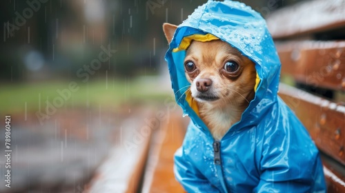 A tiny Chihuahua, bundled up in a miniature raincoat with a hood, shivers adorably under a park bench during a sudden rain shower photo