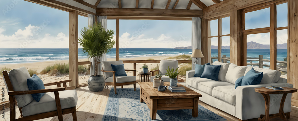 Coastal Breeze: Watercolor Hand Drawing of a Beachfront Living Space with Shiplap Walls and Driftwood Centerpiece - Realistic Interior Design Concept with Nature Photography for Stock Construction