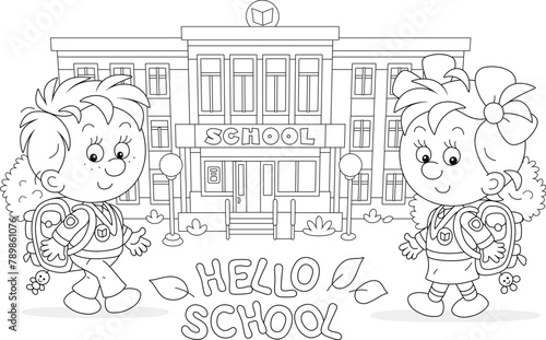 Greeting card with happy little schoolboy and schoolgirl with schoolbags going to their pretty school fro start of classes, black and white outline vector illustration for a coloring book