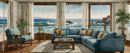 Watercolor hand drawing of a Californian coastal living room with sea glass and driftwood accents capturing the calm of the coast. Realistic interior design with a nature photo stock construction conc © Gohgah