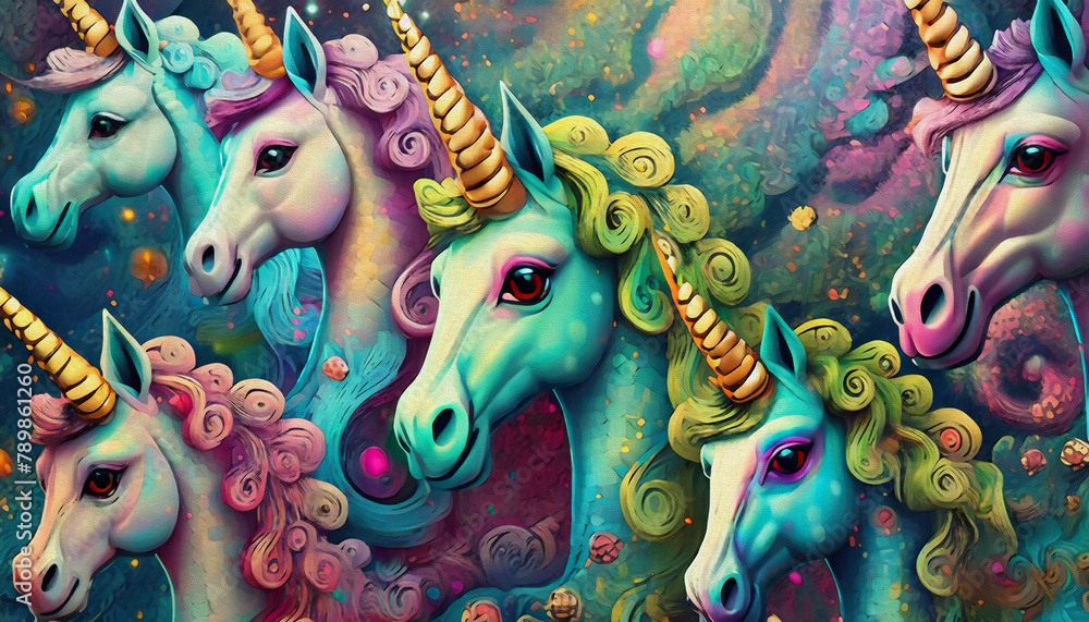 oil painting style CARTOON CHARACTER Multicolored BLUE Unicorn
