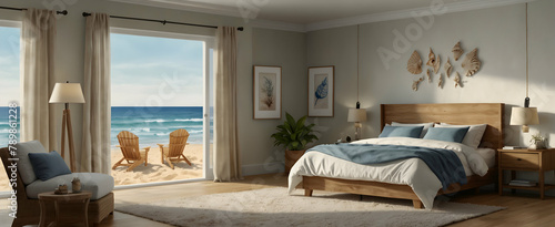 Serene Coastal Escape: Watercolor Bedroom with Sandy Tones and Seashell Collection � Realistic Interior Design with Nature Element, Perfect for Coastal Getaway