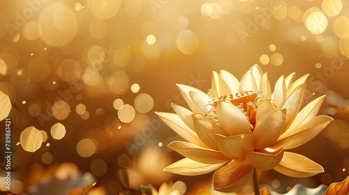 banner background Theravada New Year Day theme, and wide copy space, An elegant illustration of a golden lotus flower, symbolizing purity and enlightenment, with a serene background, 