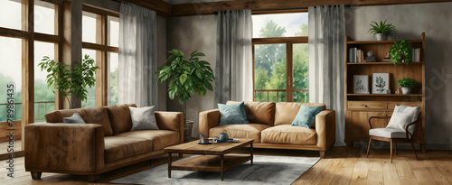 Realistic Watercolor Hand Drawing: Eco Elegance Living Room with Reclaimed Wood Furniture and Indoor Herb Garden - Nature-Inspired Interior Design Concept