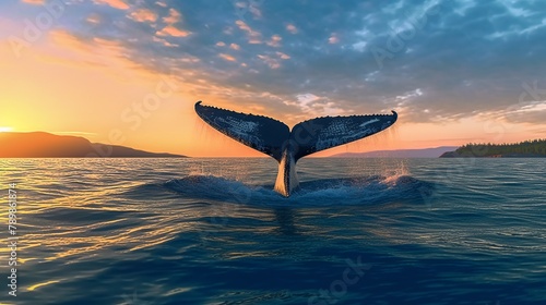 Humpback whale in the sea at sunset. © KRIS