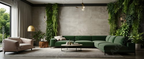 Nature-inspired Watercolor Hand Drawing of a Modern Lounge with a Lush Green Wall, Eco-Friendly Materials, and Realistic Interior Design - Stock Photo Concept