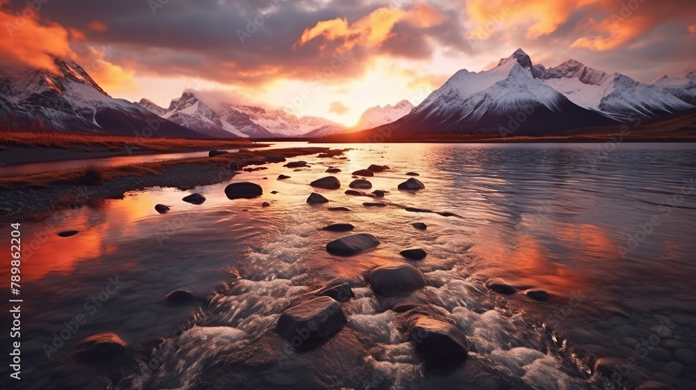 A beautiful sunset with mountains in the background and a lake with glacier water in the foreground Generative AI