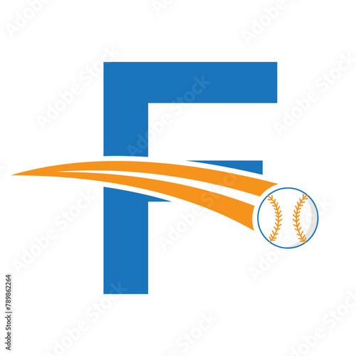 Baseball Logo On Letter F Concept With Moving Baseball Symbol. Baseball Sign