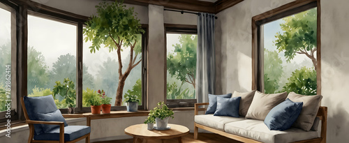 Watercolor hand drawing of a cozy nook in nature with a window seat and small fig tree in realistic interior design - stock photo concept
