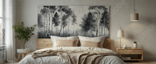 Tranquil Nordic Dream: Watercolor Hand Drawing of a Scandinavian Bedroom with Soft Textures and Minimalist Birch Tree - Realistic Interior with Nature