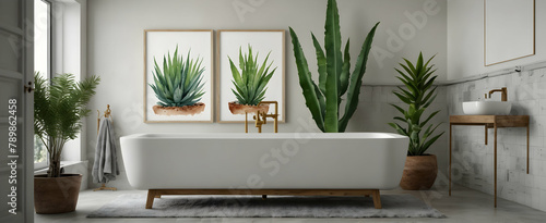 Relaxing Nordic Bathroom with Watercolor Hand Drawing and Potted Aloe Plant in Realistic Interior Design - Serene Scandinavian Vibes for Nature Photo Stock