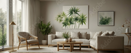 Serene Sanctuary: Watercolor Hand Drawing of Tranquil Living Room with Minimalist Bamboo Plant Arrangement in Realistic Interior Design - Nature Photo Stock Construction Concept