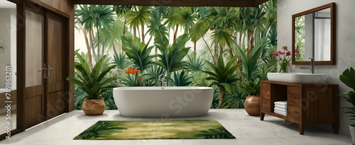 Inviting Tropical Oasis: Vibrant Floral Bathroom Escape with Teak Stool in Realistic Watercolor Hand Drawing - Exotic Interior Design Concept